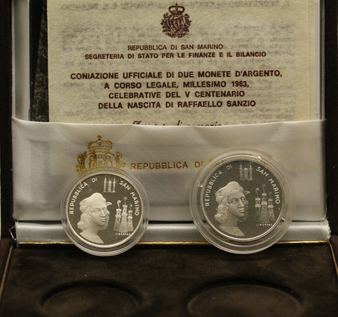 "500 nascita di Raffaello Sanzio" - 1000, 500 Lire gr.tot. 25,60 in arg. 835/ - In conf. originale 