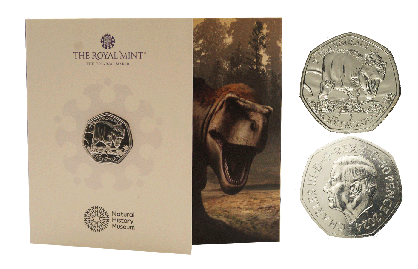 "Natural History Museum: Tyrannosaurus" - Re Carlo III - 50 Pence - In folder