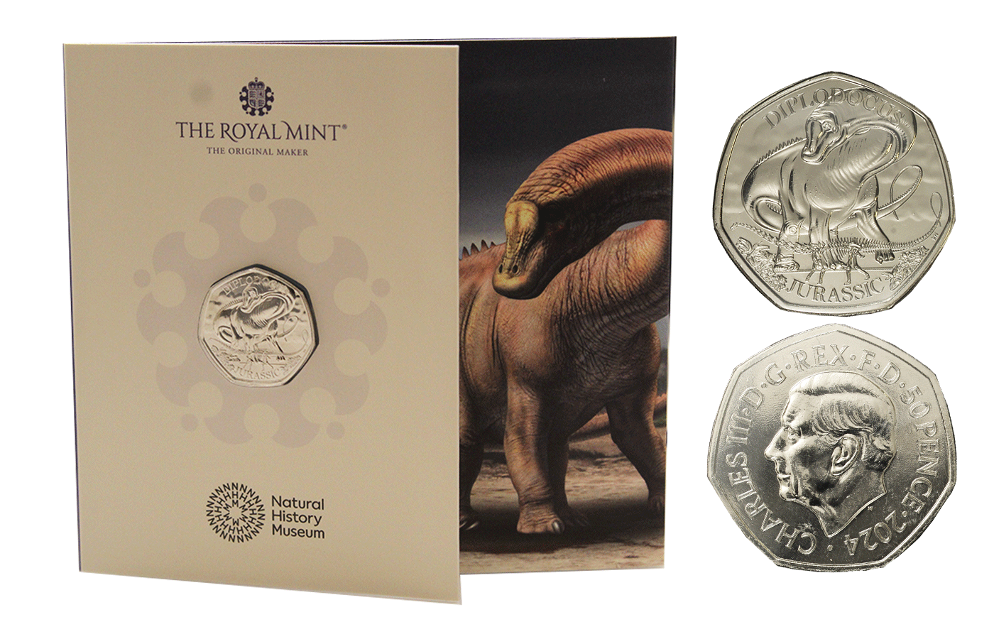 "Natural History Museum: Diplodocus" - Re Carlo III - 50 Pence - In folder