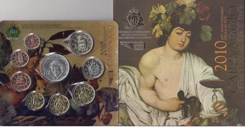 "Caravaggio" - Serie divisionale di 9 monete con 5 euro gr. 18,00 in arg. 925/ - In conf. originale  - PREZZO SPECIALE!!