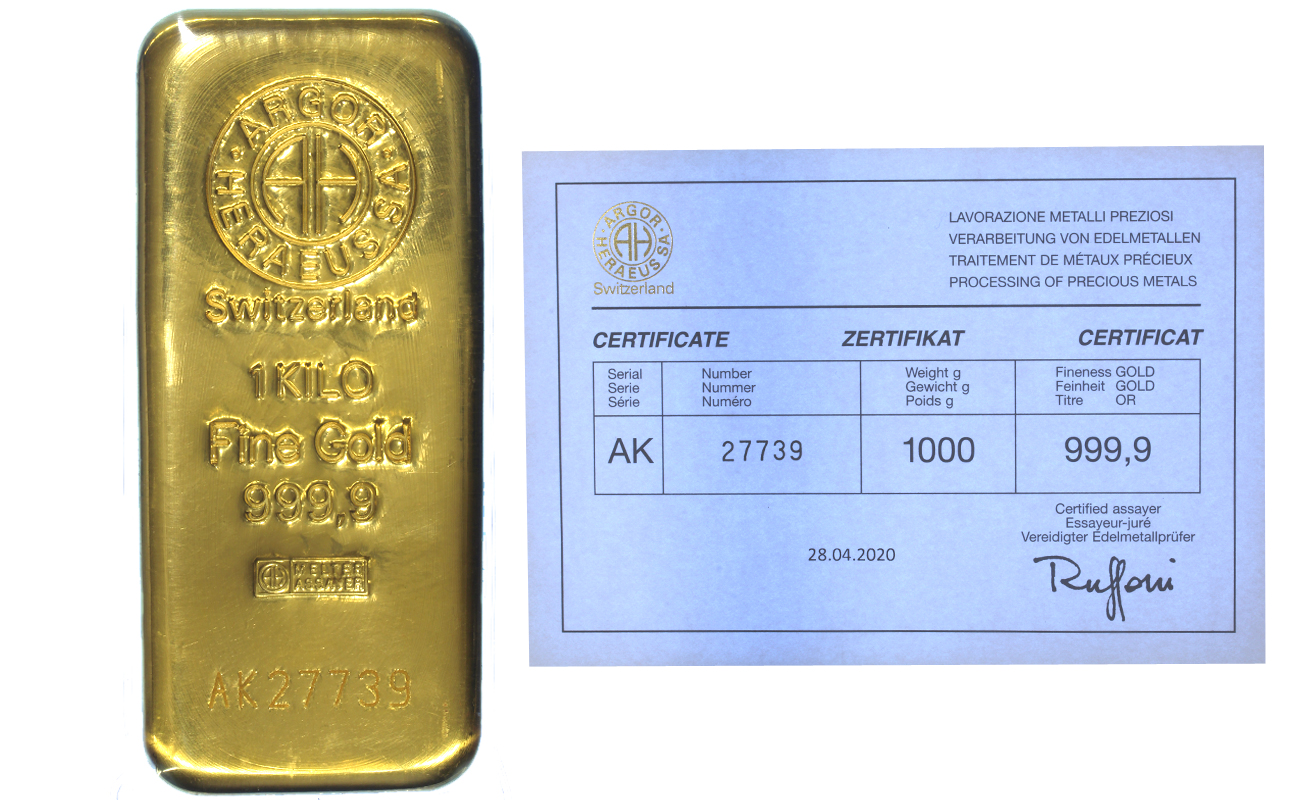 Lingotto da grammi 1kg (1000 grammi) in oro 999,9/000 con Certificato di Garanzia  
