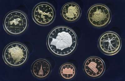 Serie completa di 10 monete in confezione ufficiale con moneta da 5 euro in Ag "150 Anniv. Unit d'Italia"