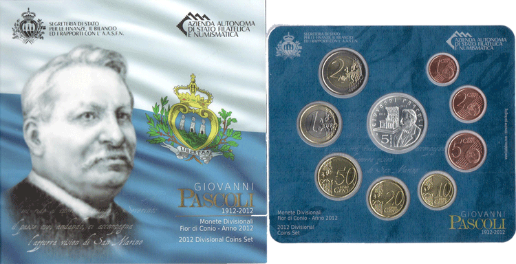 "Giovanni Pascoli" - Serie divisionale di 9 monete con 5 euro gr. 18,00 in arg. 925/