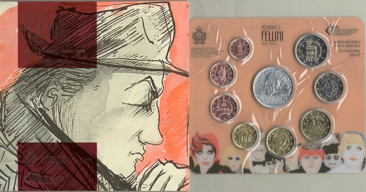 "Federico Fellini" - Serie divisionale di 9 monete con  5 euro gr. 18,00 in arg. 925/ - In conf. originale