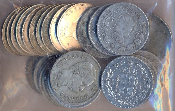 Umberto - 1 lira in argento gr.5.00 ag.835/00 - Lotto di 25 pezzi 