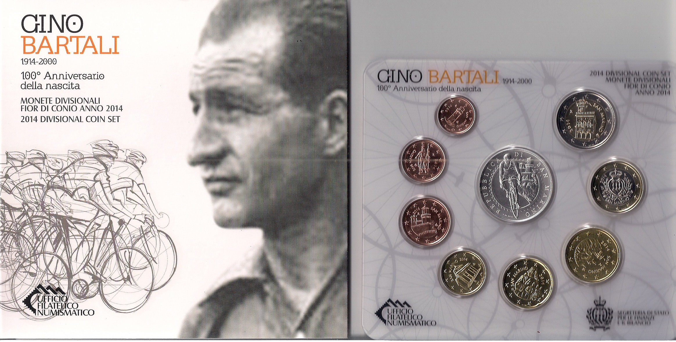 "Gino Bartali" - Serie divisionale di 9 moneta con 5 euro  gr. 18,00 in arg. 925/ - In conf. originale 