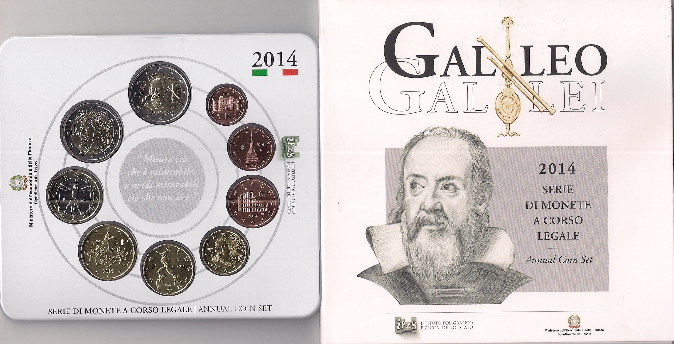 Serie completa di 9 monete in confezione ufficiale con moneta da 2 euro "450° Anniv. Nascita Galileo Galilei" - PREZZO SPECIALE!!