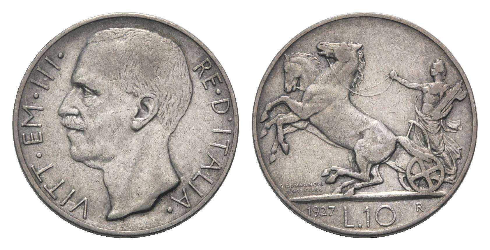 Vittorio Emanuele III - 10 lire "Biga" di gr. 10,00 in ag. 835/00  - Lotto di 10 pezzi