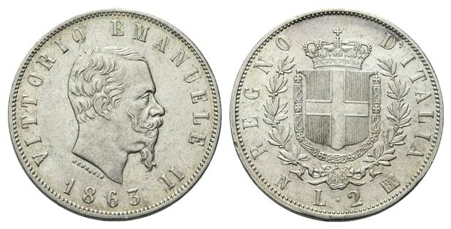 Vittorio Emanuele II - 2 lire di gr. 10,00 in ag. 835/000  - Lotto di 10 pezzi 