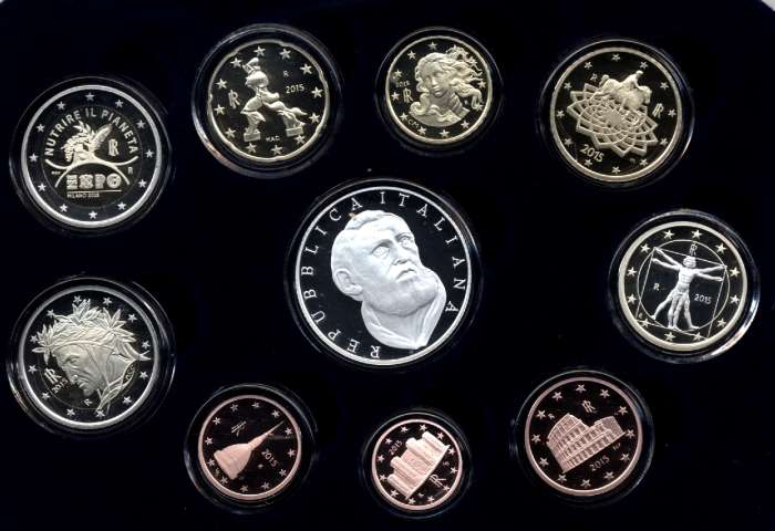 Serie completa di 10 monete in confezione ufficiale con moneta da 5 euro in Ag "500 Anniv. Nascita San F. Neri"