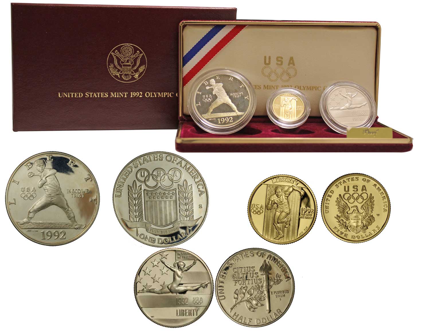 Olimpiadi - 5 dollari gr. 8,36 in oro 900/000 + un dollaro in ag. 900/000 e mezzo dollaro in Nickel - conf. originale