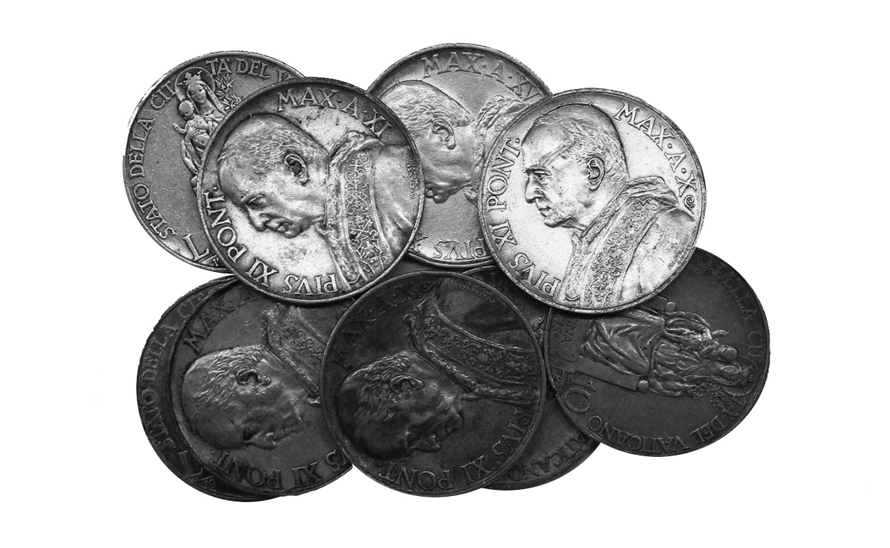 Papa Pio XI - 10 lire gr. 10,00 in ag. 835/000 - Lotto di 10 pezzi