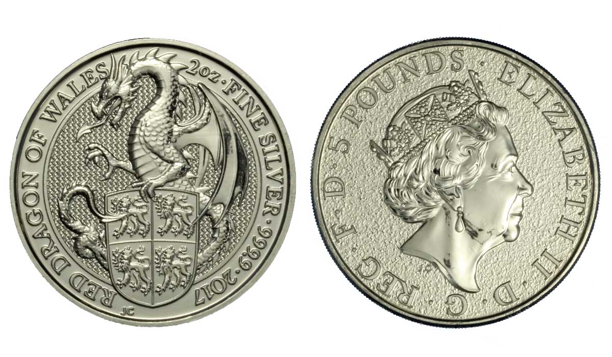 "Figure araldiche della regina - Drago Rosso del Galles"  - moneta da 5 Pounds (2 oz) gr. 62,20 ag 999/ 
