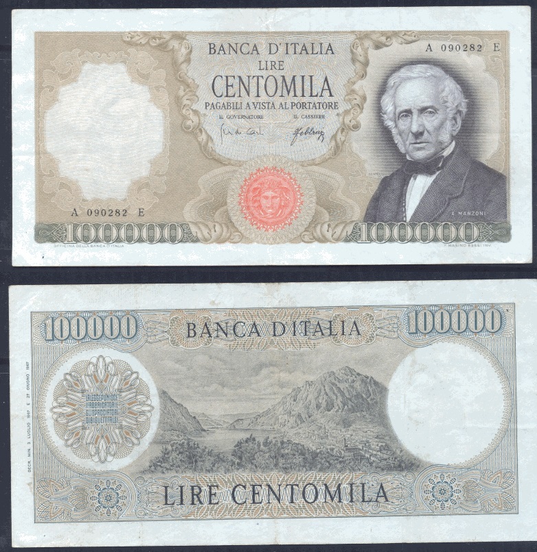 Repubblica Italiana - centomila lire "Alessandro Manzoni" - dec. min. 3-07-1967 