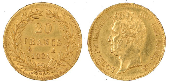 Luigi Filippo I - 20 franchi gr. 6,45 in oro 900/000 