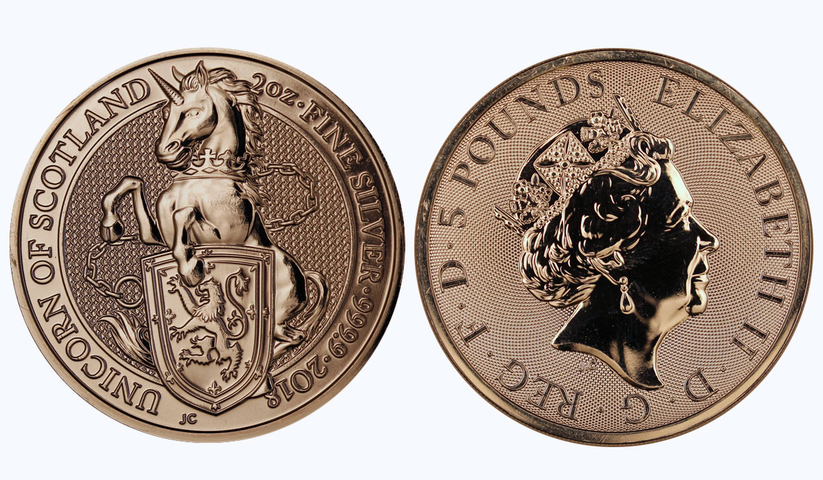 "Figure araldiche della regina - Unicorno di Scozia" - moneta da 5 Pounds (2 oz) gr. 62,20 ag 999/