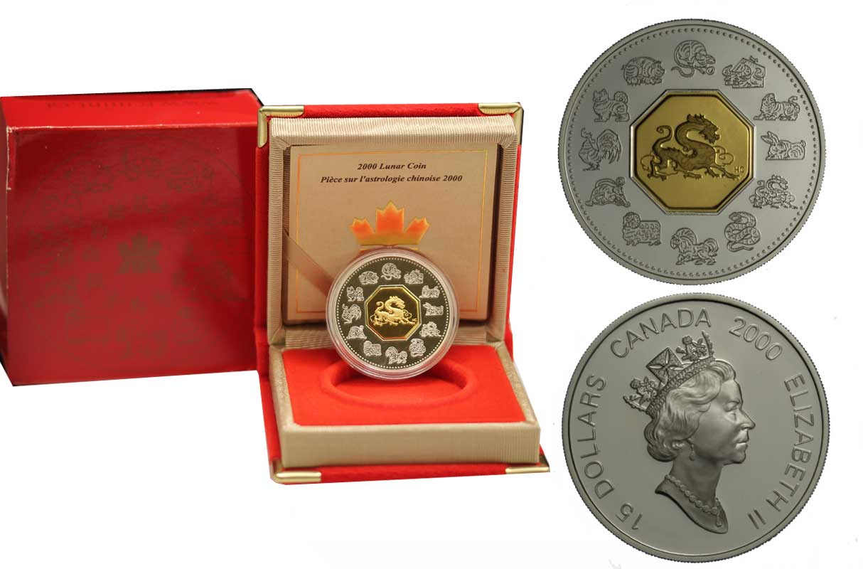 Calendario Lunare - Anno del Drago - moneta da 15 dollari gr. 34,00 in ag. 925/000 con cameo in oro 