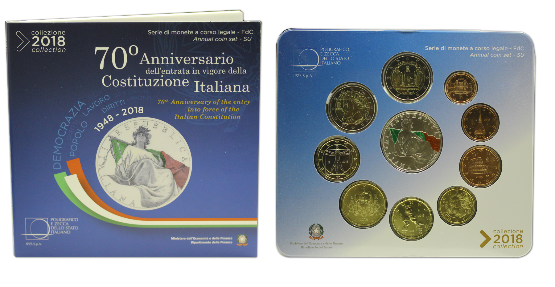 Serie completa di 10 monete in confezione ufficiale con moneta da 5 euro in Ag "70° Anniv. Costituzione Italiana"