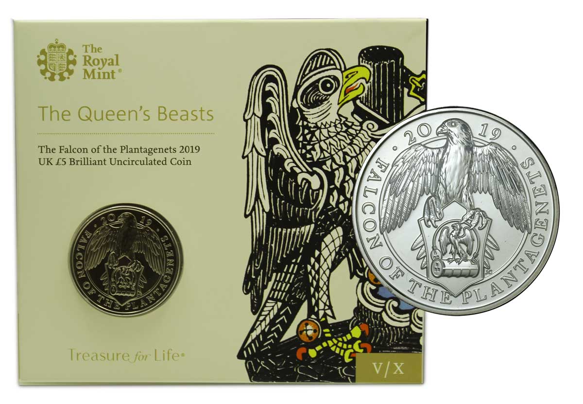 Serie "Figure araldiche della Regina Elisabetta - Falco dei Plantageneti" 5 pounds in nickel in folder ufficiale