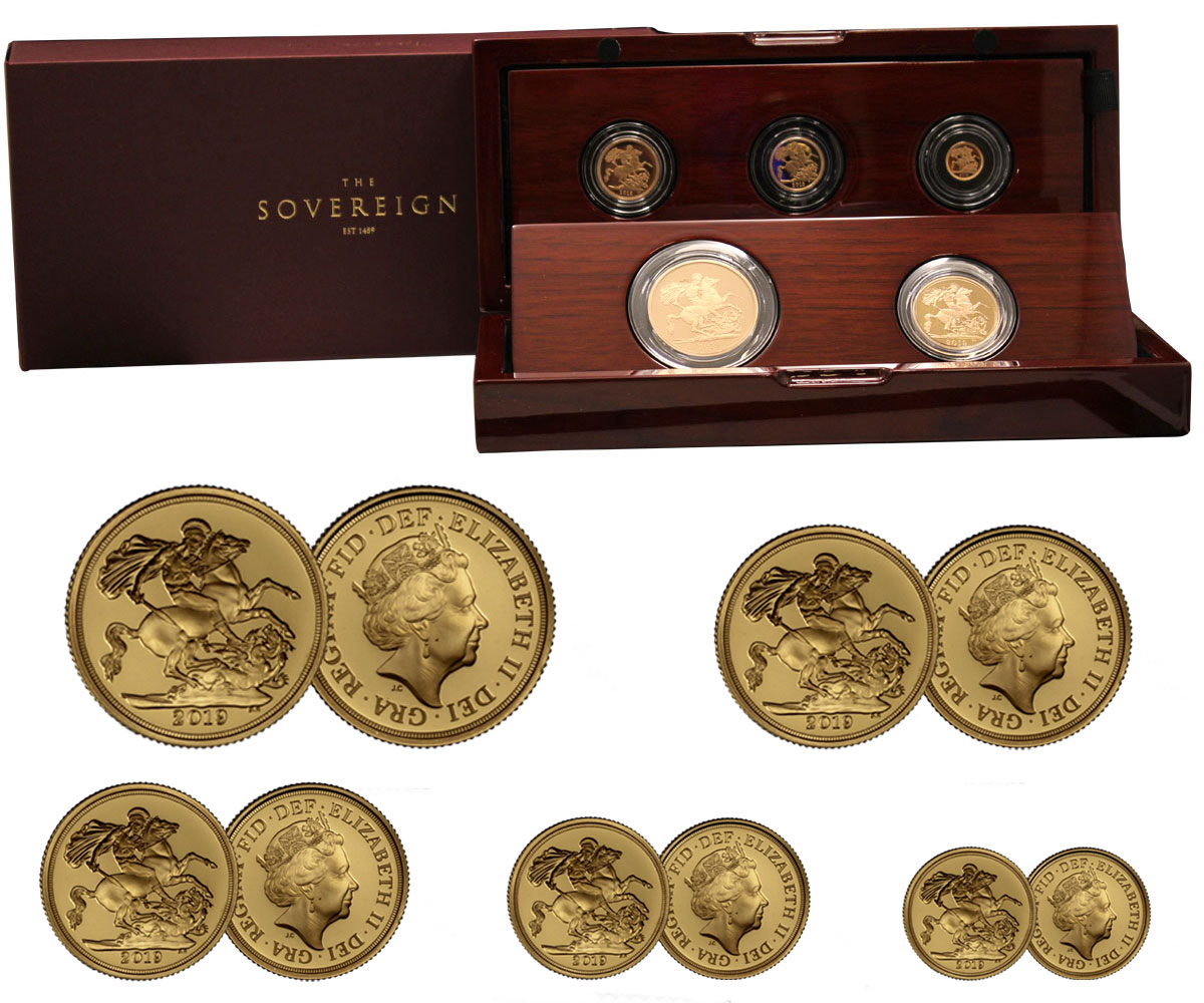 Set di 5 monete (5, 2, 1, 1/2 e 1/4 di sterlina) totali gr. 69,87 in oro 917/000 