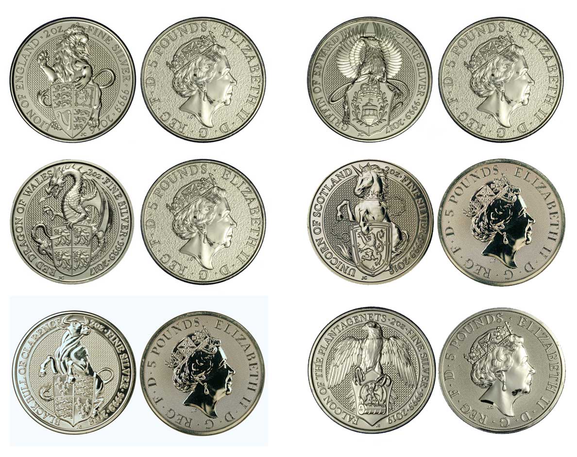 "Figure araldiche della regina" - serie delle prime 6 monete da 5 Pounds (2 oz) gr. 62,20 ag 999/ 
