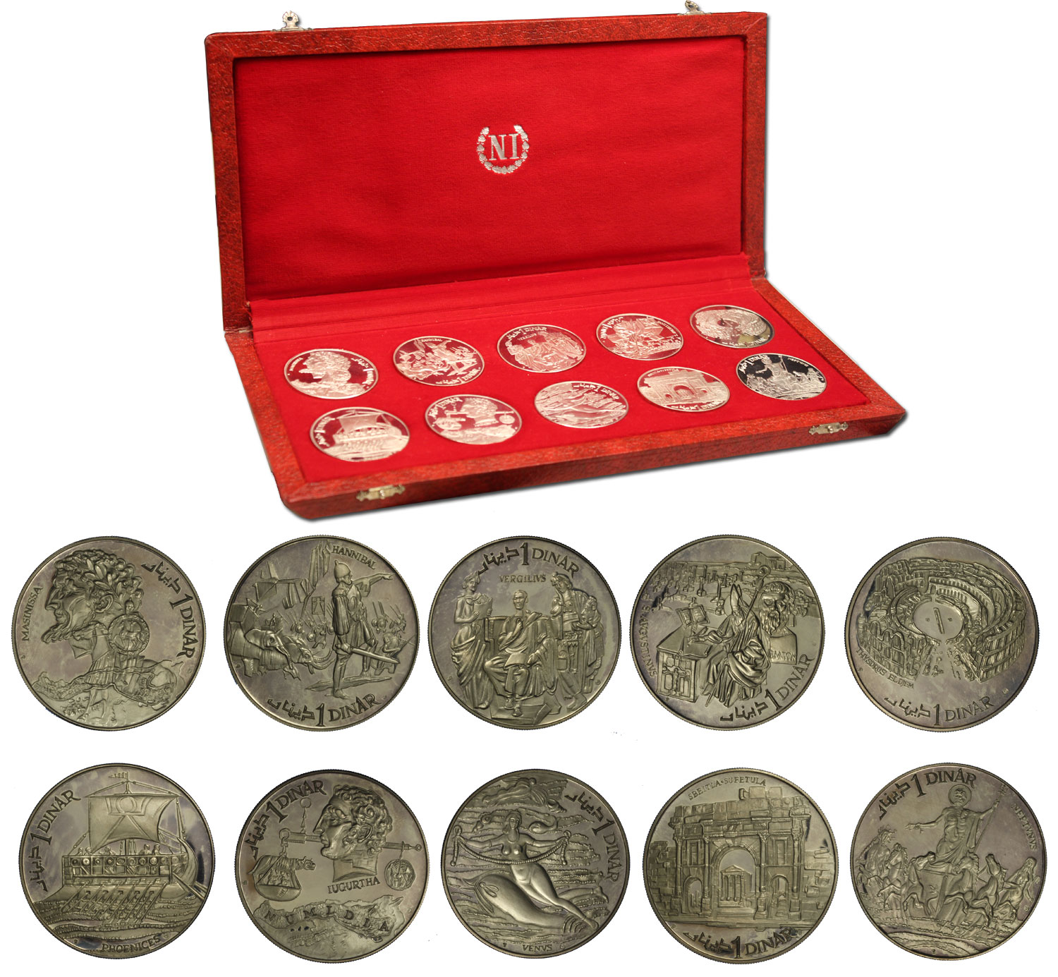 "Storia della Tunisia" - Serie completa di 10 monete da 1 dinar gr. 20,00 in ag. 925/000 - conf. originale