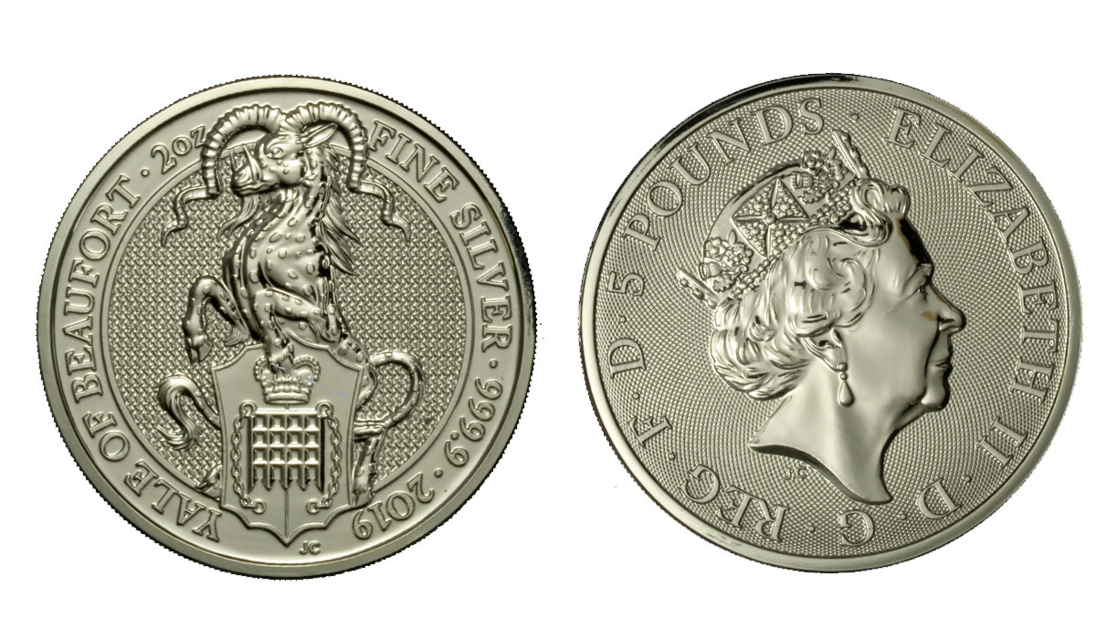 "Figure araldiche della regina - Yale di Beaufort" - moneta da 5 Pounds (2 oz) gr. 62,20 ag 999/