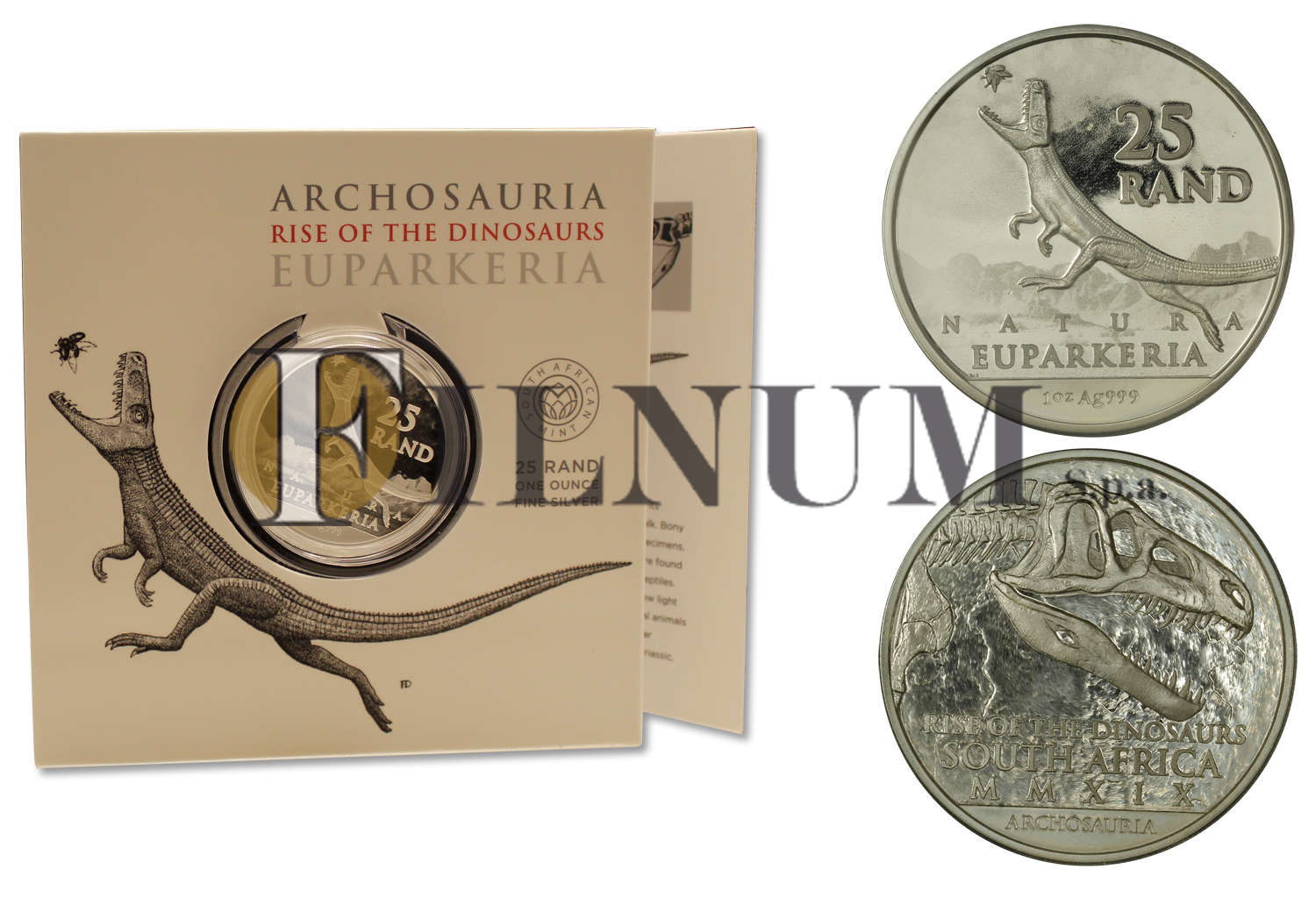 "Serie Natura - Era dei Dinosauri - Euparkeria" - Moneta da 25 Rand gr. 31,10 in ag. 999/ in folder