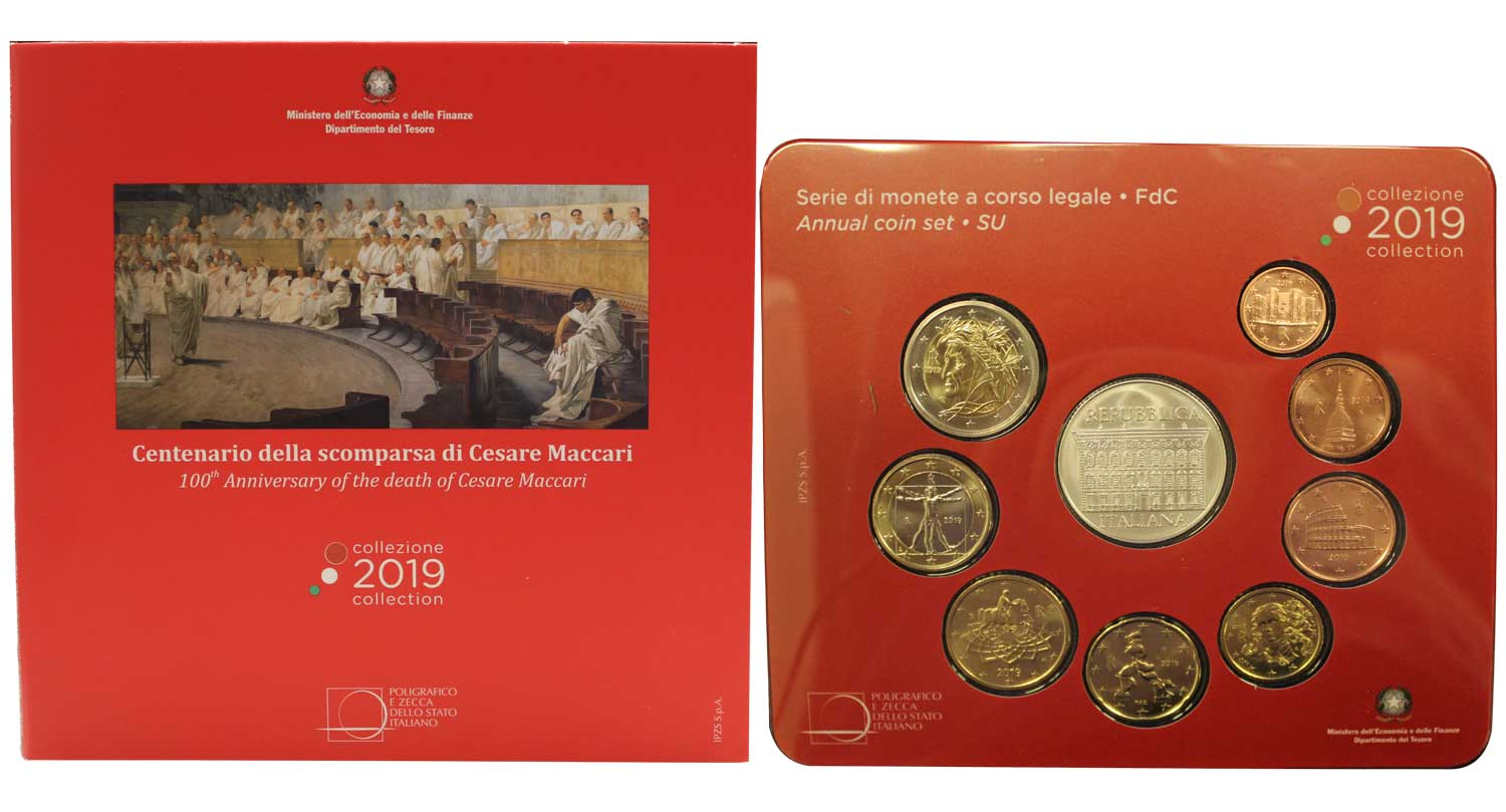 Serie completa di 9 monete con 5 euro commemorativo "Centenario della scomparsa di Cesare Maccari"