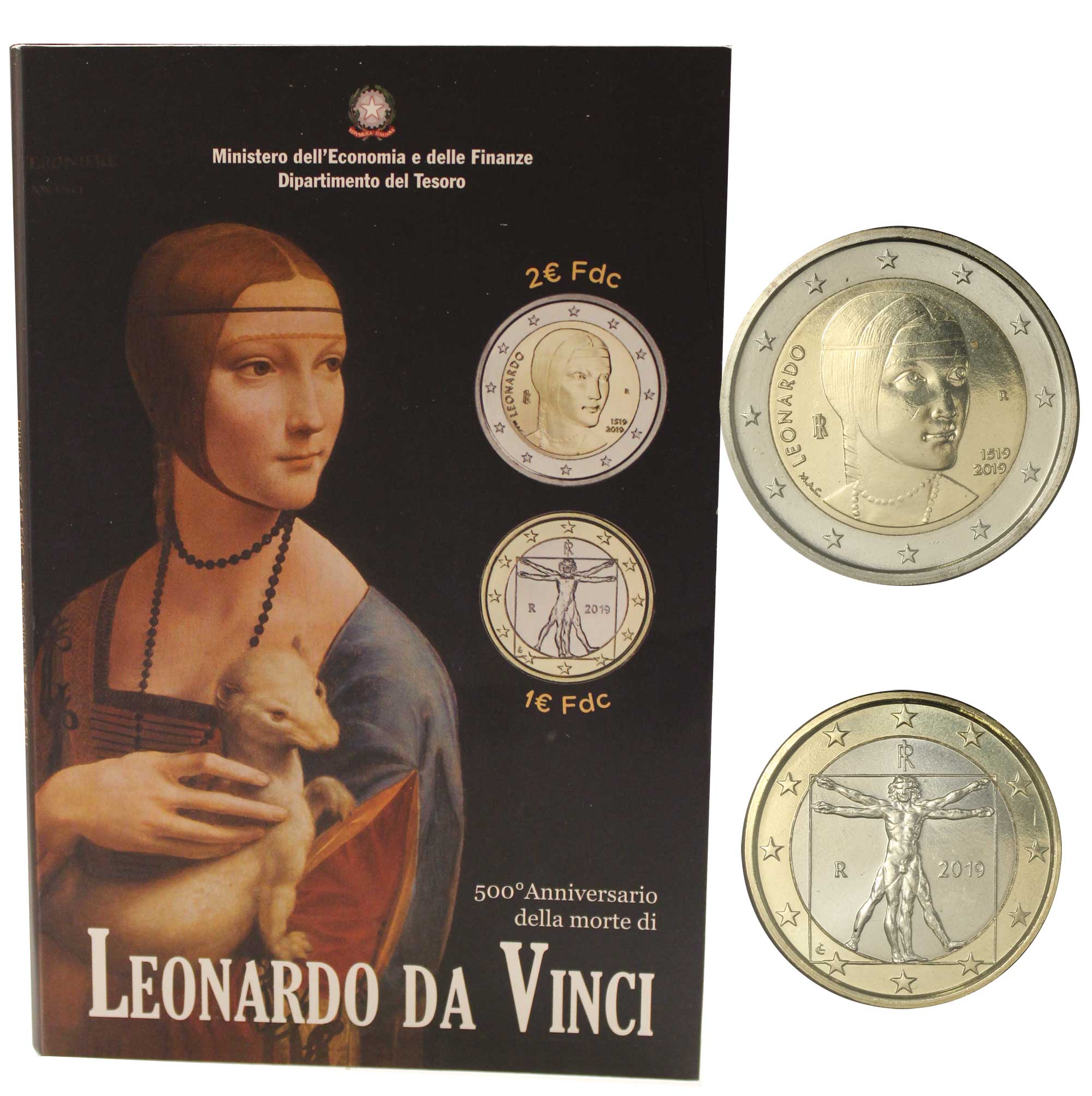 "Leonardo da Vinci" - dittico moneta da 2 euro e 1 euro in folder ufficiale