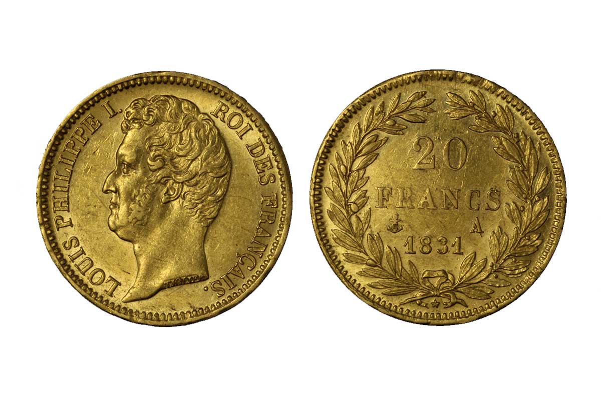 Luigi Filippo I - 20 franchi gr. 6,45 in oro 900/ - contorno in incuso