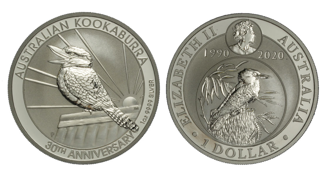 "Kookaburra - Edizione speciale per il trentennale" - moneta da 1 dollaro (1 oz) gr. 31,10 in ag 999/000
