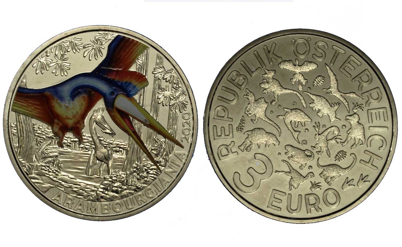 "Serie Dinosauri: Arambourgiana" - moneta da 3 euro con dettagli smaltati e fluorescenza