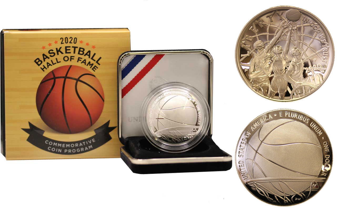 "Basket Hall of Fame" - Moneta concava da 1 dollaro gr. 26,73 in ag. 999/°°°