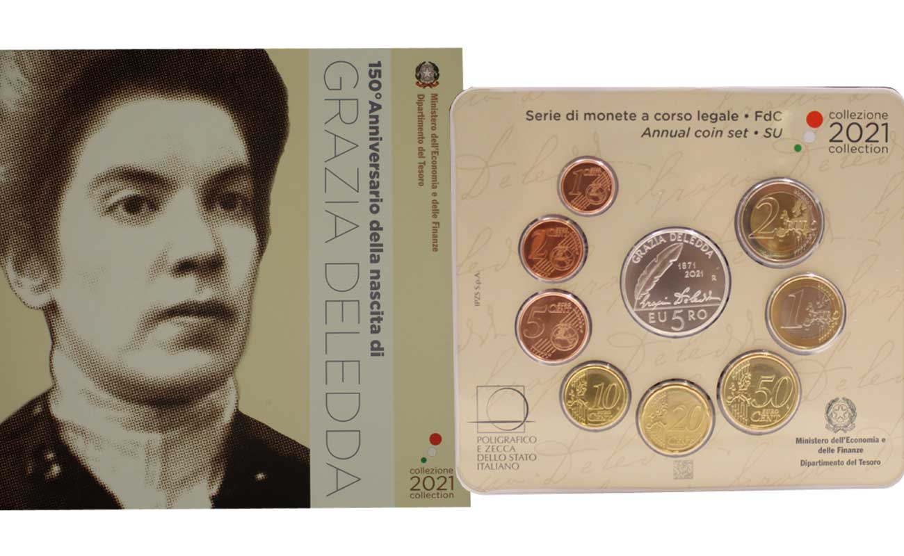 Serie completa di 9 monete con 5 euro commemorativo "150 Ann. della nascita di Grazia Deledda"