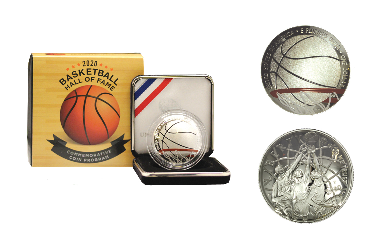 "Basket Hall of Fame" - Moneta concava da 1 dollaro con particolare colorato gr. 26,73 in ag. 999/°°°