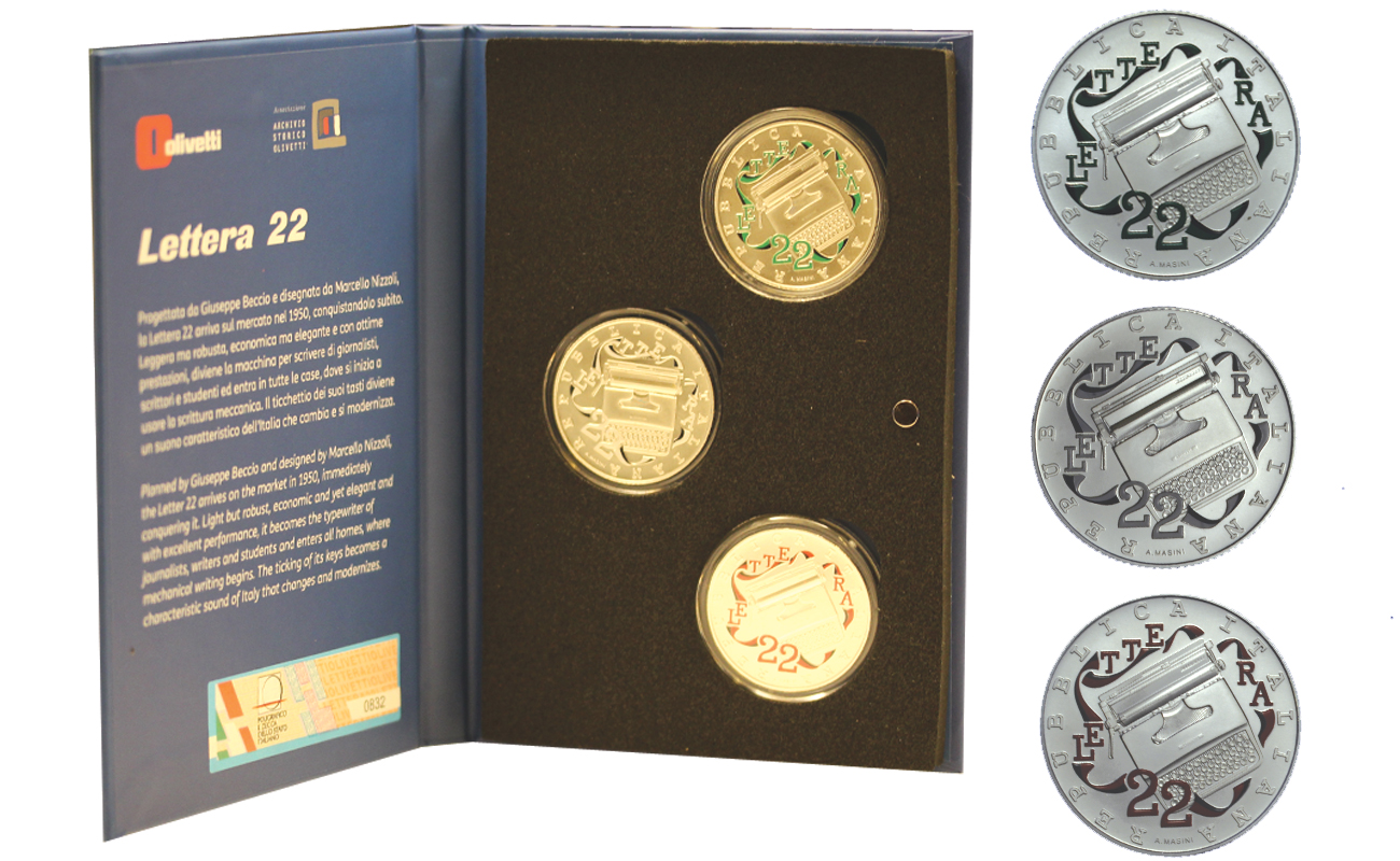 "Olivetti" - trittico di monete da 5 euro in argento con dettagli smaltati, gr. totali 54,00 in ag. 925/000