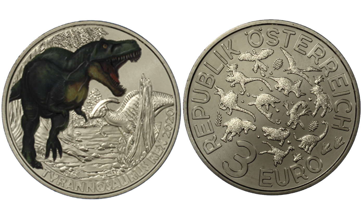 "Serie Dinosauri: Tirannosauro" - moneta da 3 euro con dettagli smaltati e fluorescenza