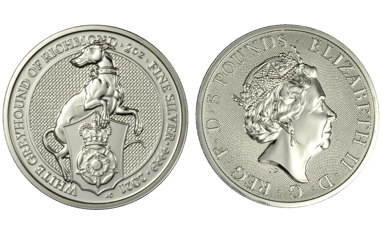 "Figure araldiche della regina - Levriero bianco di Richmond" - moneta da 5 Pounds (2 oz) gr. 62,20 ag 999/000