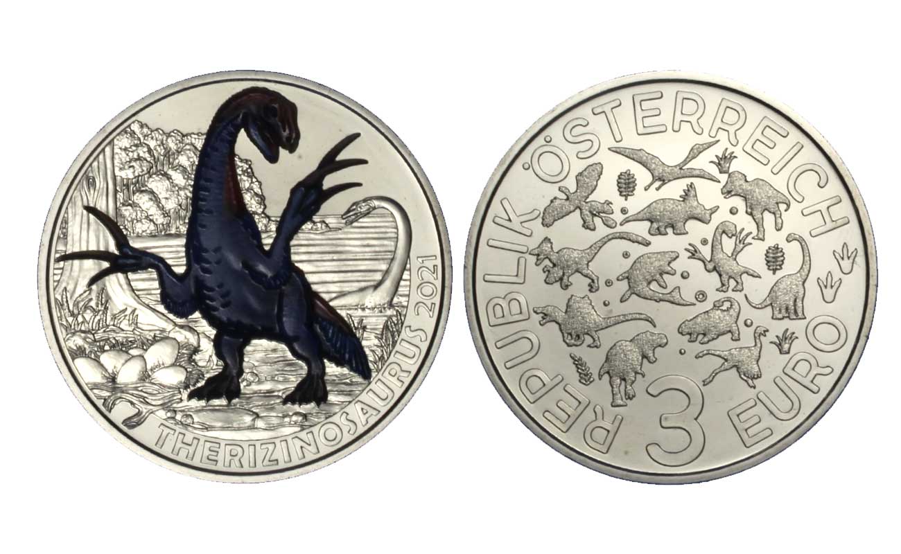 "Serie Dinosauri:Terizinosauro" - moneta da 3 euro con dettagli smaltati e fluorescenza