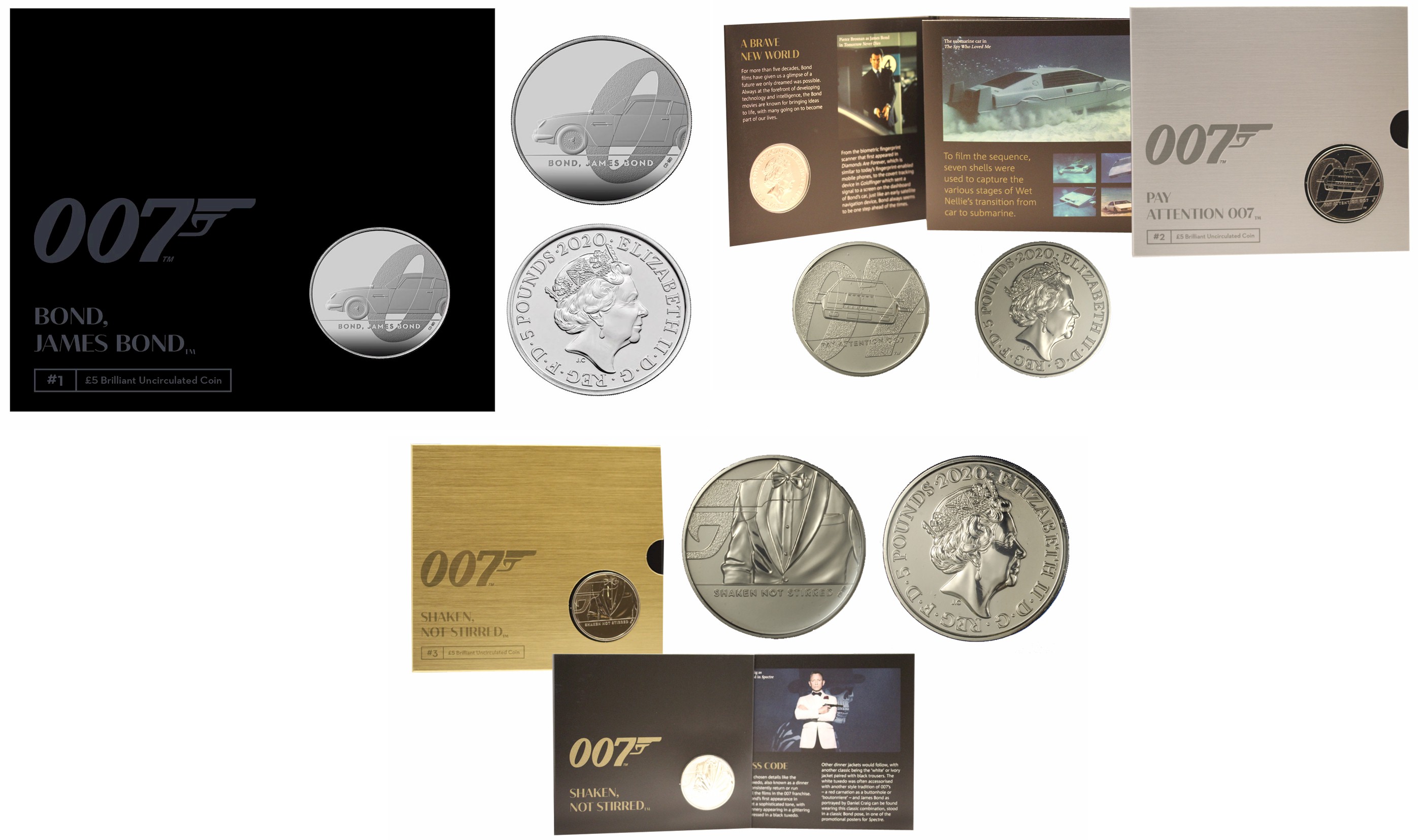 "James Bond" - Serie completa di 3 monete da 5 pounds in nickel