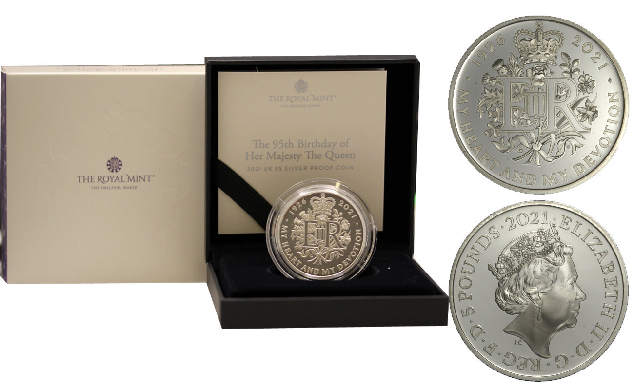 "95 compleanno della Regina Elisabetta II" - moneta da 5 sterline gr. 28,28 in ag. 925/000 