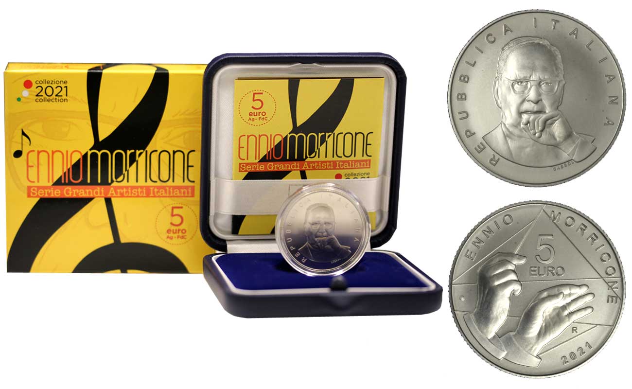 Monete da collezione - Italia - Repubblica italiana Euro - Commemorative  FDC e FS - Ennio Morricone - 5 Euro gr. 18,00 in ag. 925/°°°