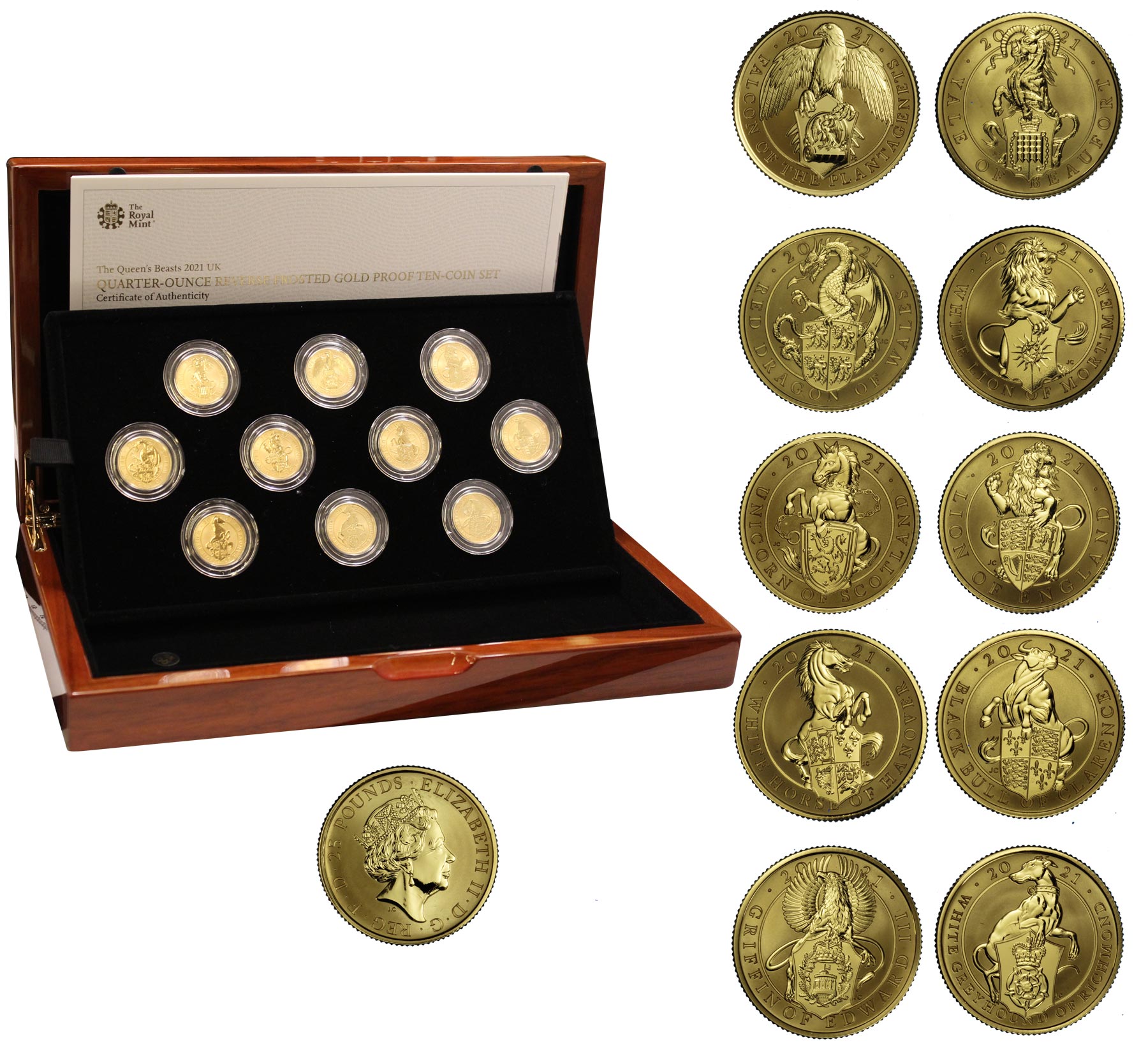 "Queen's Beasts - figure araldiche"  - Set 10 monete da 25 pounds gr. tot. 78,00 in oro 999/000 REVERSE FROSTED FINISH- Tiratura 250 pz