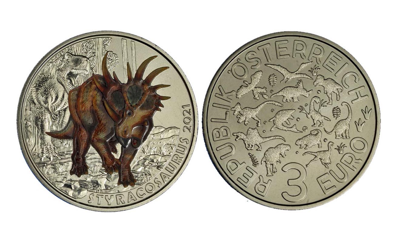 "Serie Dinosauri: Stiracosauro" - moneta da 3 euro con dettagli smaltati e fluorescenza