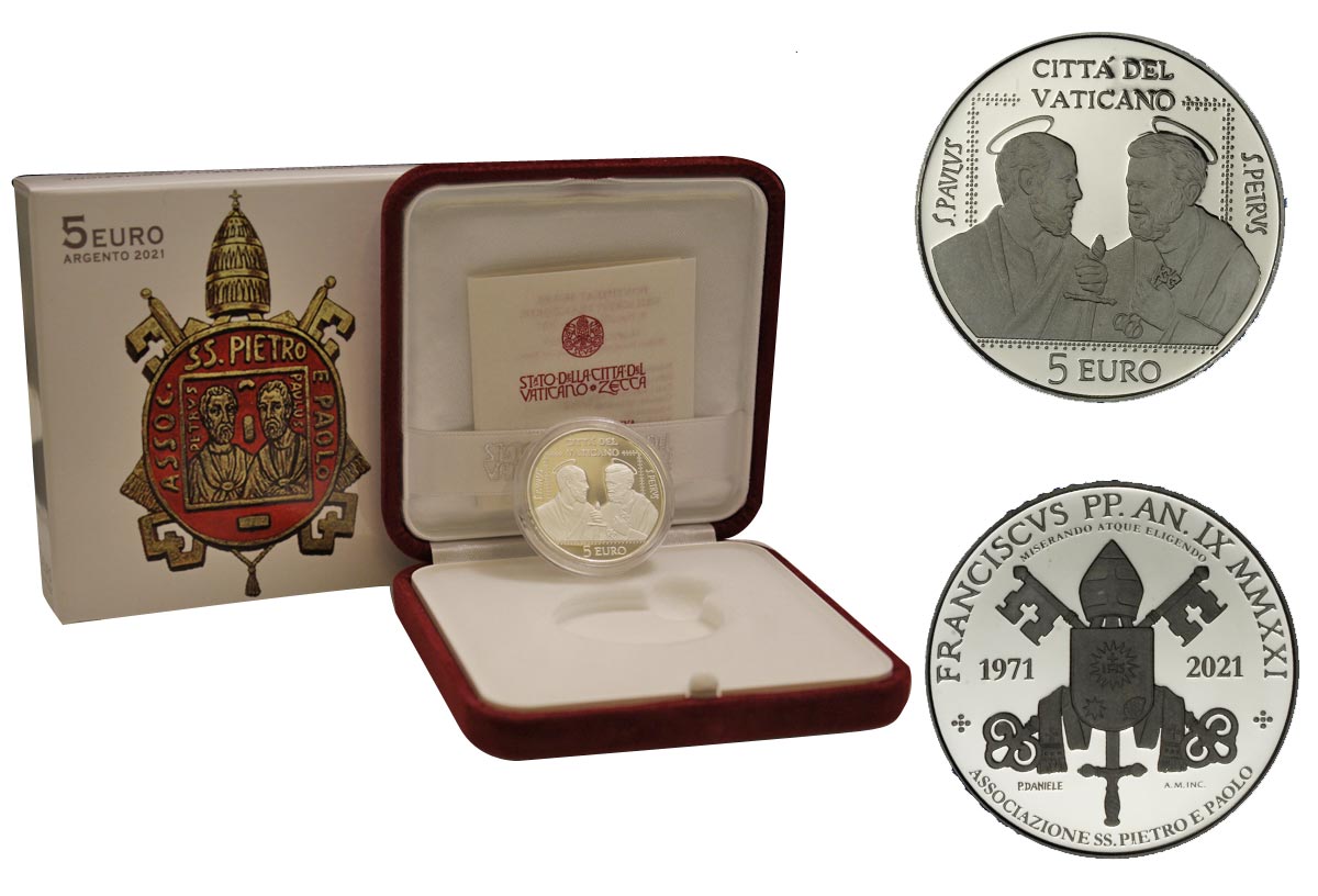 "50 Anniv. Associazione SS. Pietro e Paolo" - moneta da 5 Euro gr. 18 in ag. 925/000