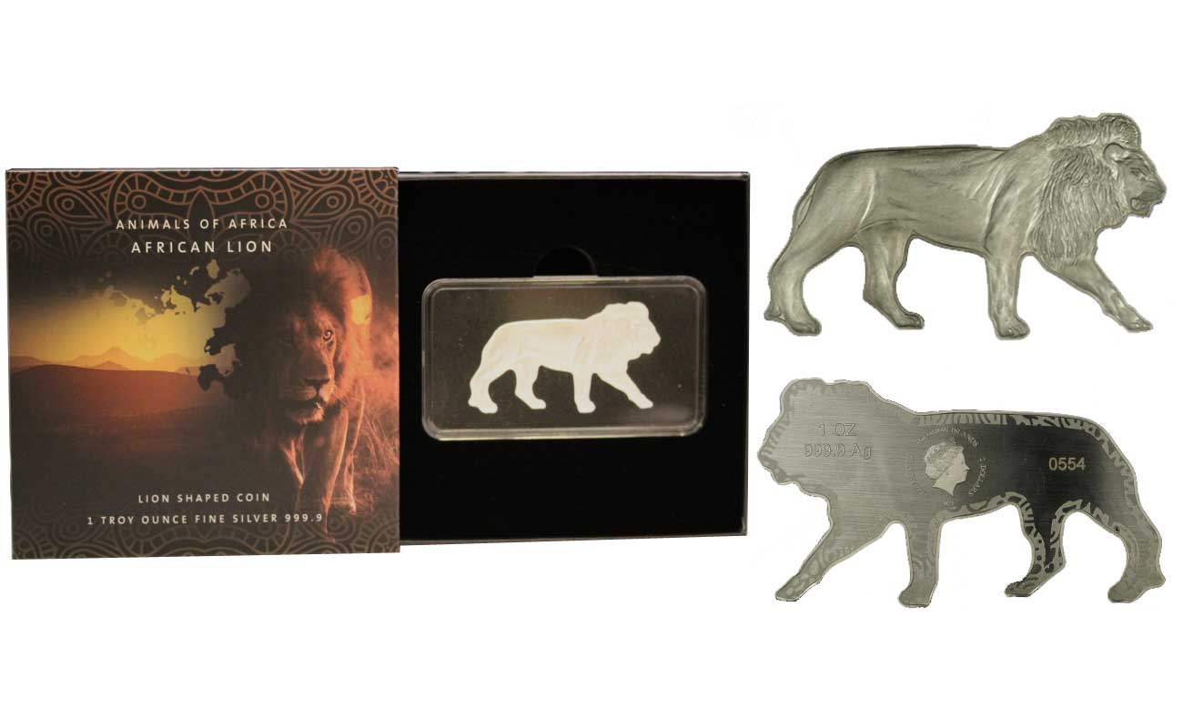 "Animali dell'Africa: Leone" - moneta sagomata da 2 dollari gr.31,103 in ag.999/000 - reverse proof