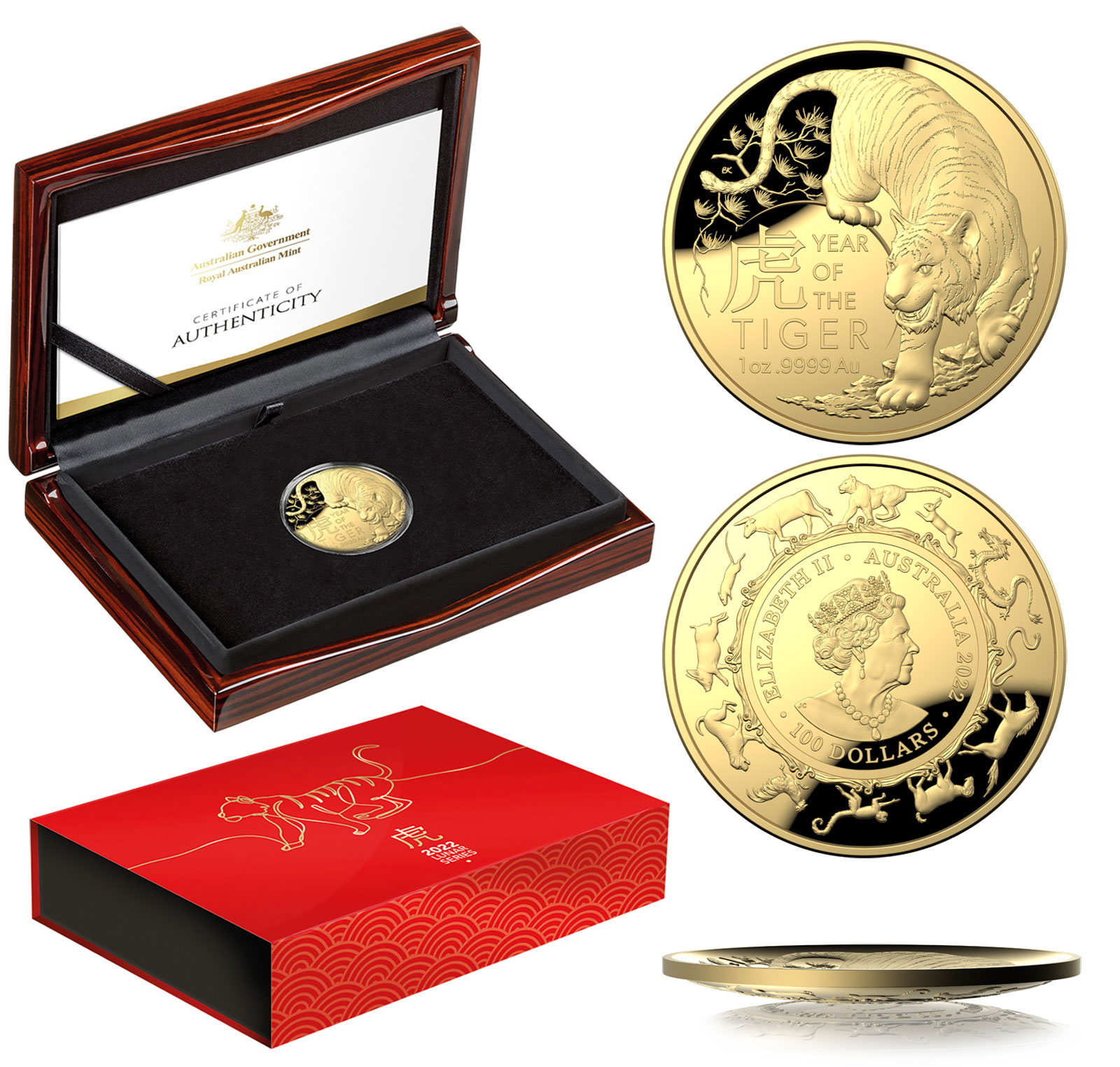 "Calendario Lunare III serie: Tigre" - 100 Dollari gr. 31,103 in oro 999/000 moneta a cupola - Tiratura 750 pz.