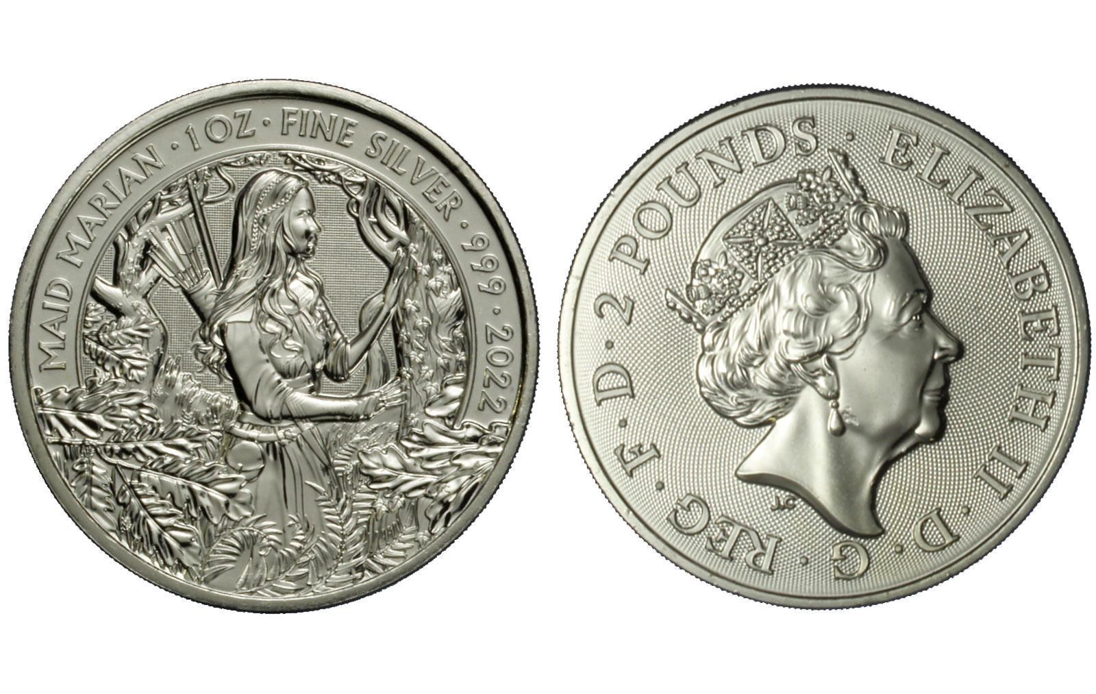 "Lady Marian" - moneta da 2 sterline (1 oncia) gr. 31,10 in ag.999/000 - Lotto di 10 pezzi
