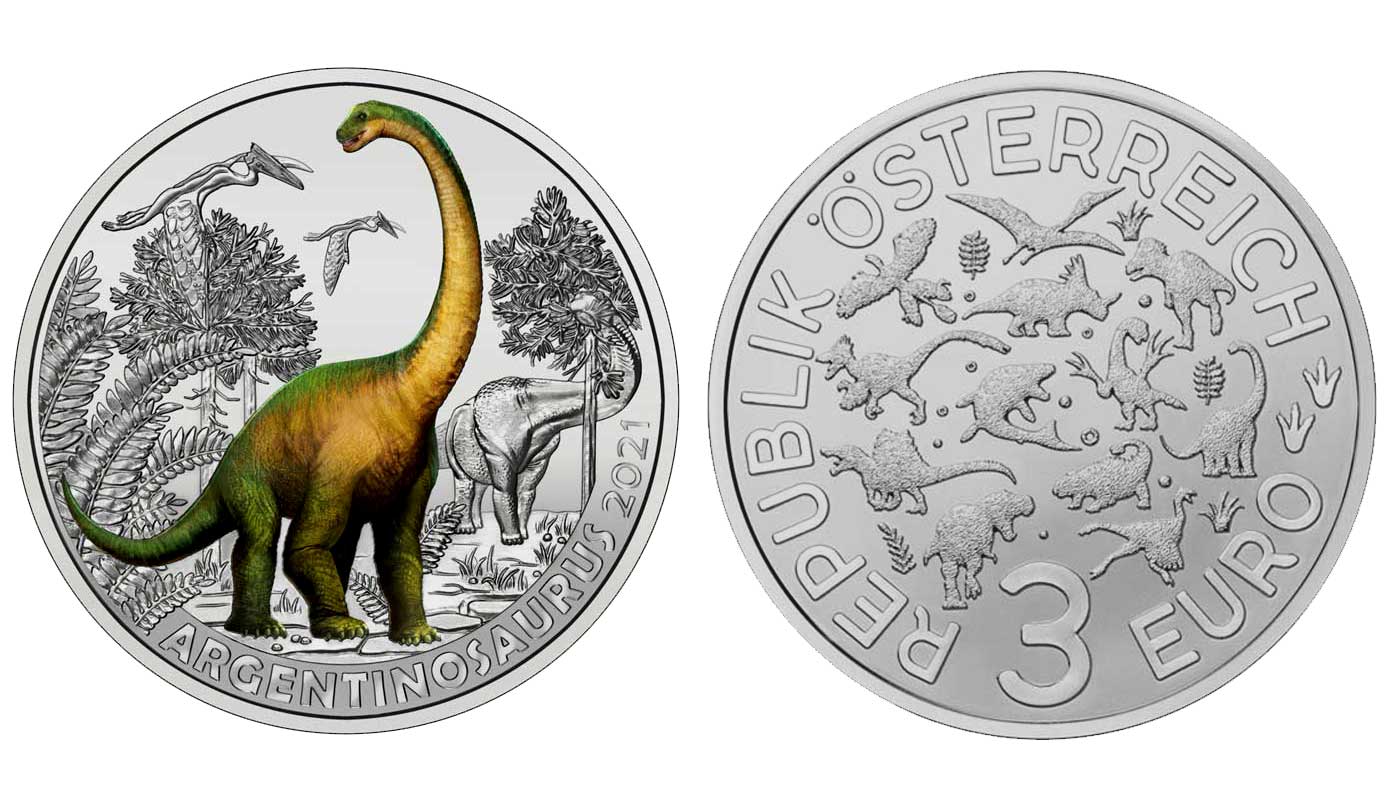 novita - Commemorative Estero - Austria - Serie Dinosauri: Stiracosauro - 3  euro con dettagli smaltati e fluorescenza
